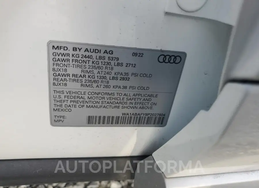 AUDI Q5 PREMIUM 2023 vin WA1ABAFY8P2027604 from auto auction Copart