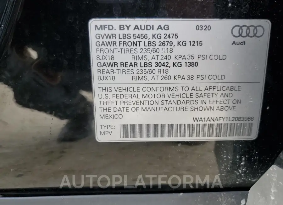 AUDI Q5 PREMIUM 2020 vin WA1ANAFY1L2083966 from auto auction Copart