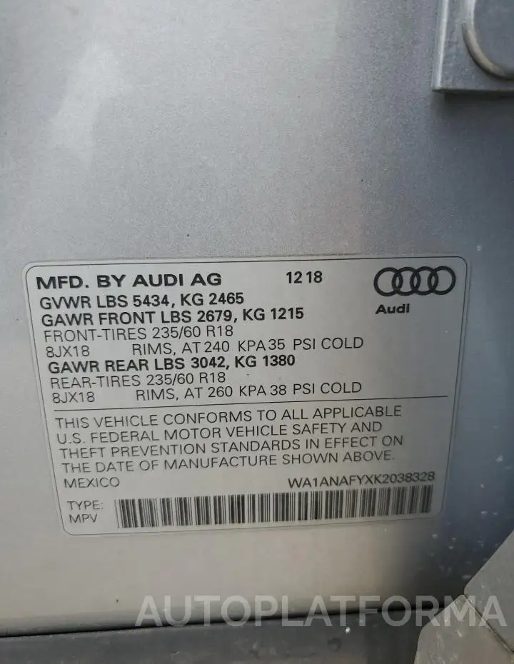 AUDI Q5 PREMIUM 2019 vin WA1ANAFYXK2038328 from auto auction Copart