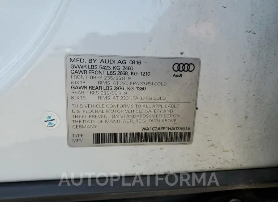 AUDI Q5 PREMIUM 2017 vin WA1C2AFP1HA035518 from auto auction Copart