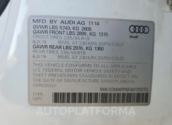 AUDI Q5 TDI PRE 2015 vin WA1CMAFPXFA070372 from auto auction Copart