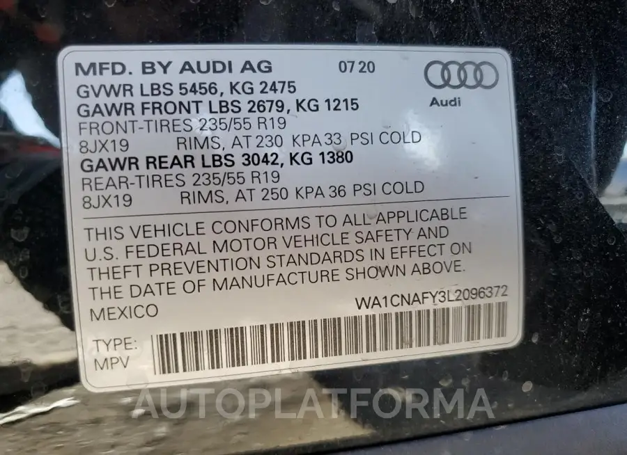 AUDI Q5 PRESTIG 2020 vin WA1CNAFY3L2096372 from auto auction Copart