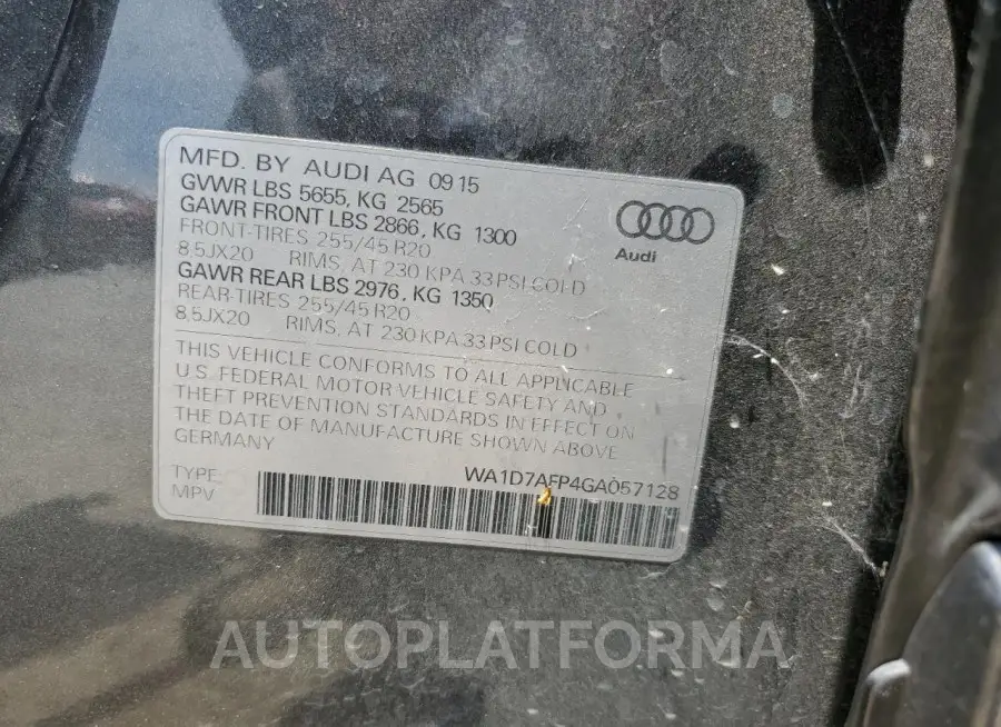 AUDI Q5 PREMIUM 2016 vin WA1D7AFP4GA057128 from auto auction Copart