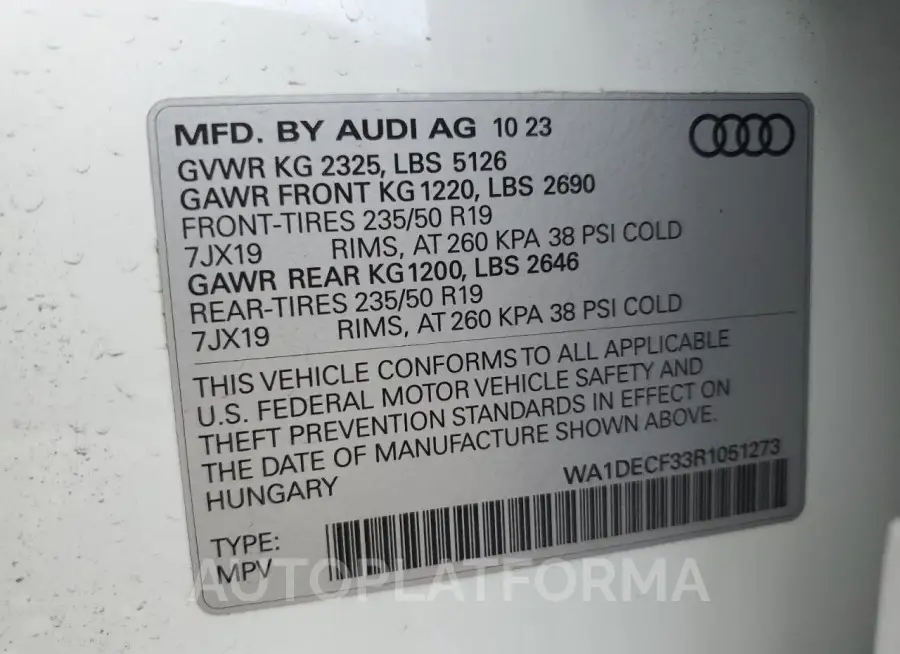 AUDI Q3 PREMIUM 2024 vin WA1DECF33R1051273 from auto auction Copart