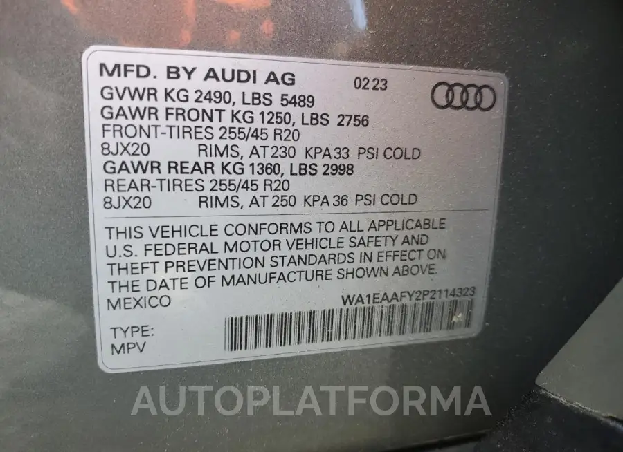 AUDI Q5 PREMIUM 2023 vin WA1EAAFY2P2114323 from auto auction Copart