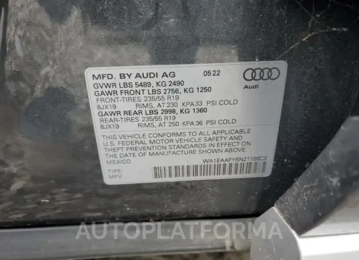 AUDI Q5 PREMIUM 2022 vin WA1EAAFY5N2118833 from auto auction Copart