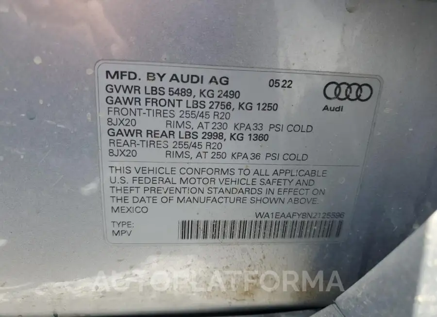 AUDI Q5 PREMIUM 2022 vin WA1EAAFY8N2125596 from auto auction Copart