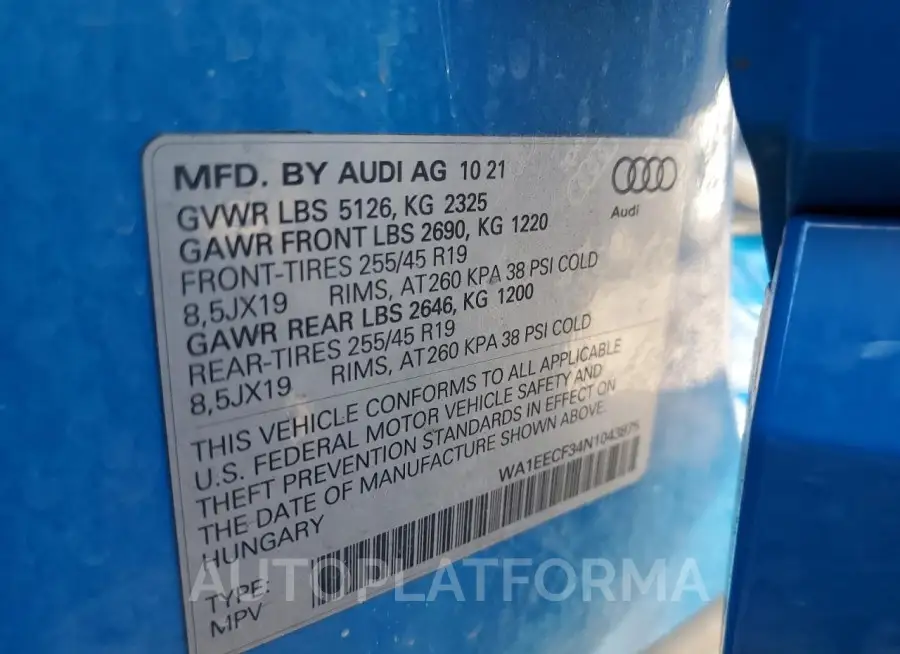 AUDI Q3 PREMIUM 2022 vin WA1EECF34N1043875 from auto auction Copart