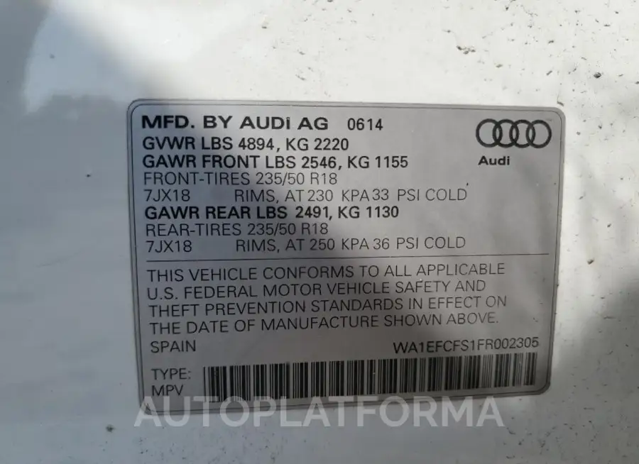 AUDI Q3 PREMIUM 2015 vin WA1EFCFS1FR002305 from auto auction Copart