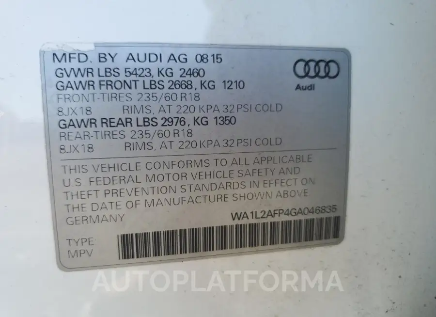 AUDI Q5 PREMIUM 2016 vin WA1L2AFP4GA046835 from auto auction Copart