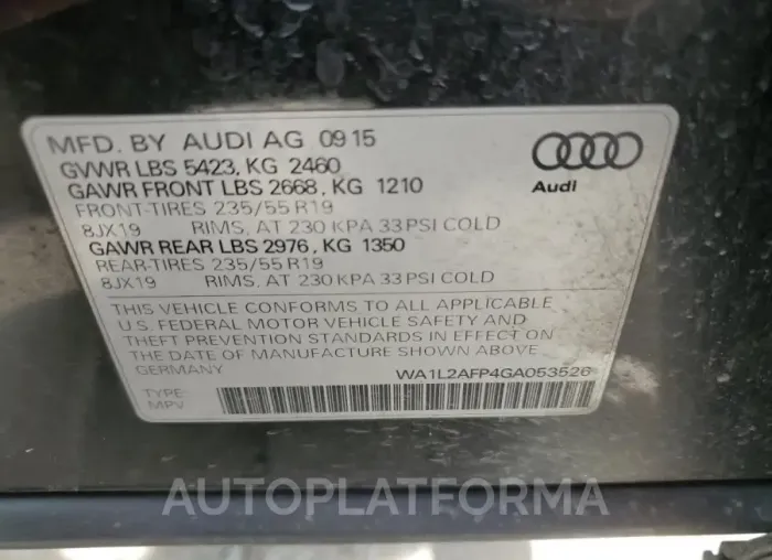 AUDI Q5 PREMIUM 2016 vin WA1L2AFP4GA053526 from auto auction Copart