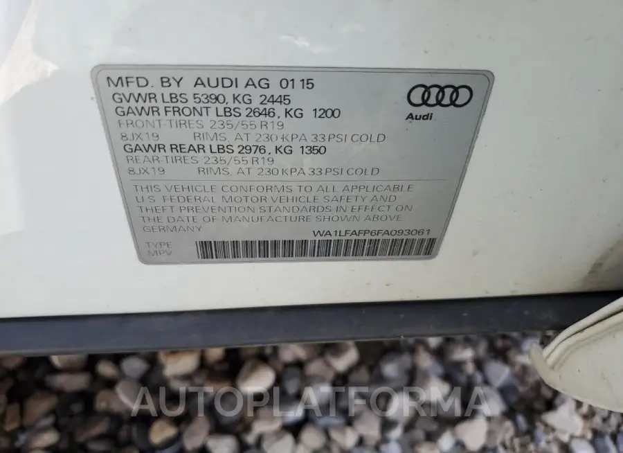 AUDI Q5 PREMIUM 2015 vin WA1LFAFP6FA093061 from auto auction Copart