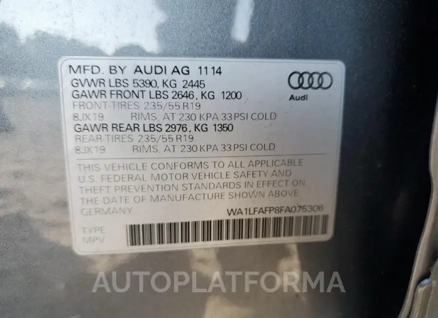 AUDI Q5 PREMIUM 2015 vin WA1LFAFP8FA075306 from auto auction Copart