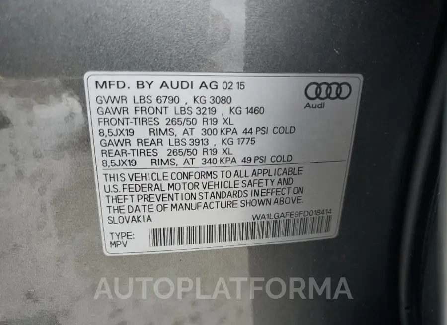 AUDI Q7 PREMIUM 2015 vin WA1LGAFE9FD018414 from auto auction Copart