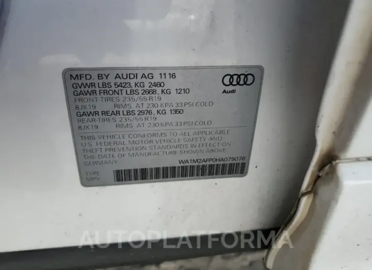 AUDI Q5 PREMIUM 2017 vin WA1M2AFP0HA079076 from auto auction Copart