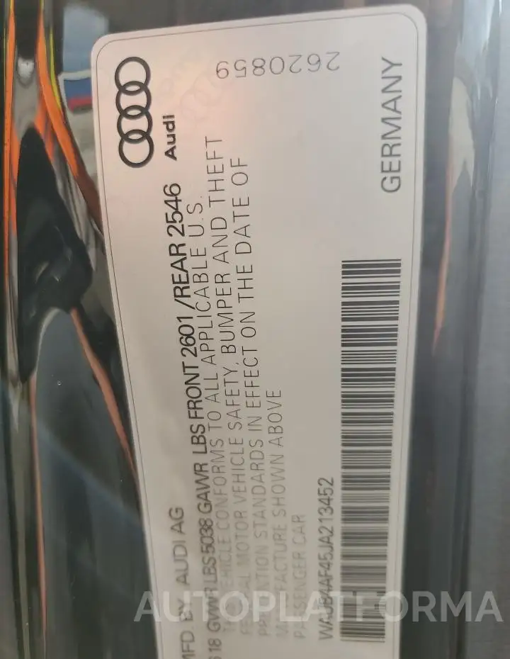 AUDI S4 PREMIUM 2018 vin WAUB4AF45JA213452 from auto auction Copart