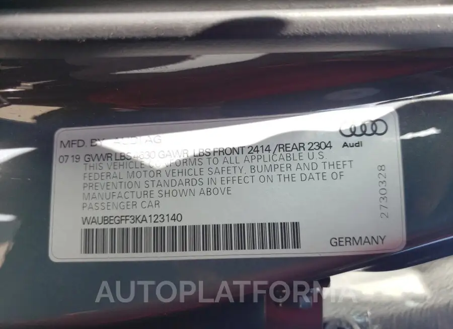 AUDI A3 PREMIUM 2019 vin WAUBEGFF3KA123140 from auto auction Copart