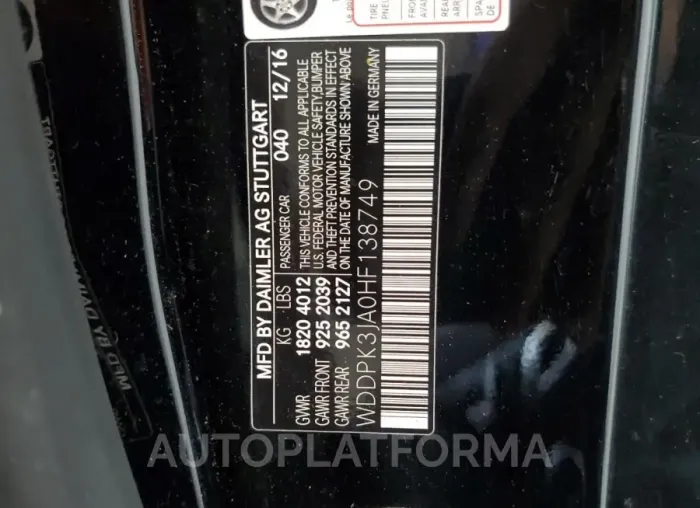 MERCEDES-BENZ SLC 300 2017 vin WDDPK3JA0HF138749 from auto auction Copart