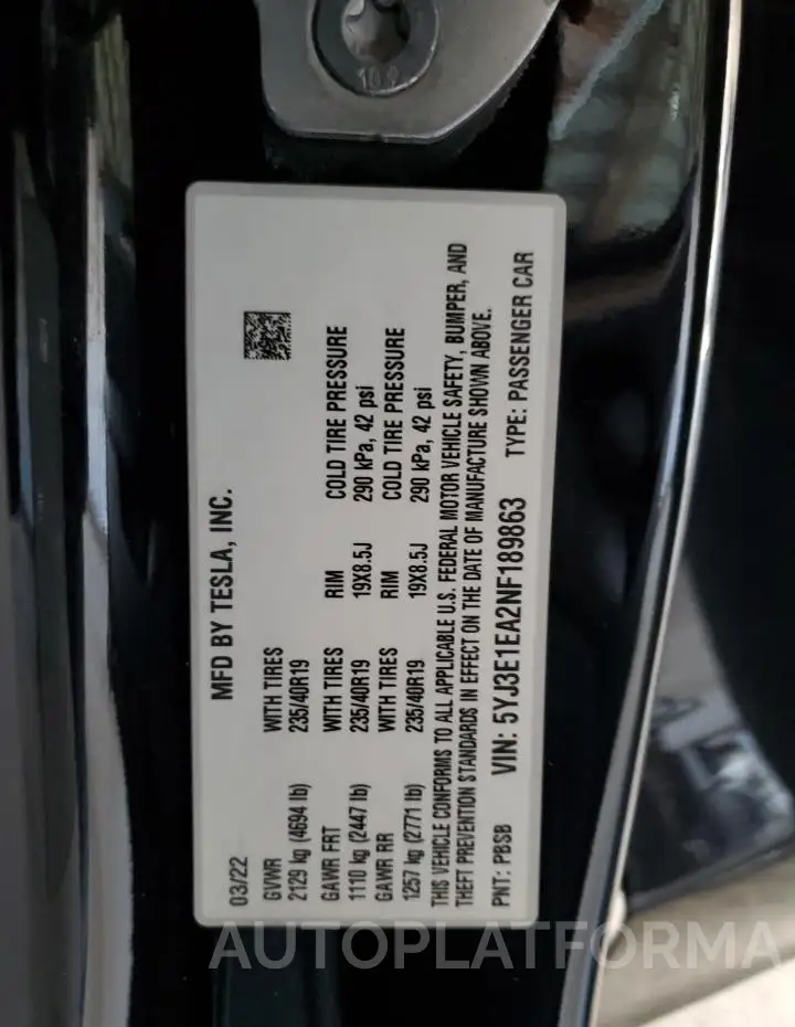 TESLA MODEL 3 2022 vin 5YJ3E1EA2NF189863 from auto auction Copart