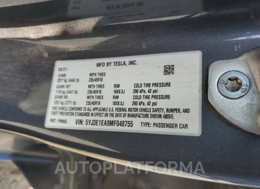 TESLA MODEL 3 2021 vin 5YJ3E1EA9MF048755 from auto auction Copart