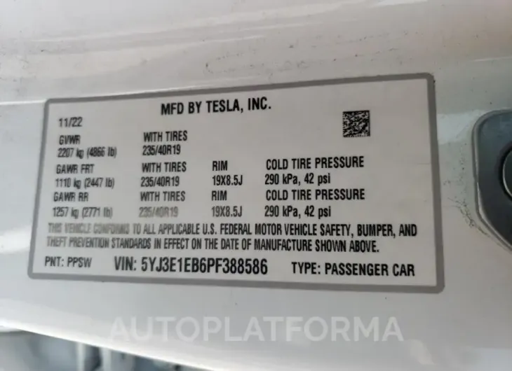 TESLA MODEL 3 2023 vin 5YJ3E1EB6PF388586 from auto auction Copart