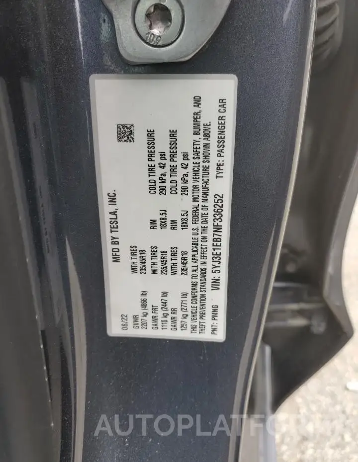 TESLA MODEL 3 2022 vin 5YJ3E1EB7NF336252 from auto auction Copart