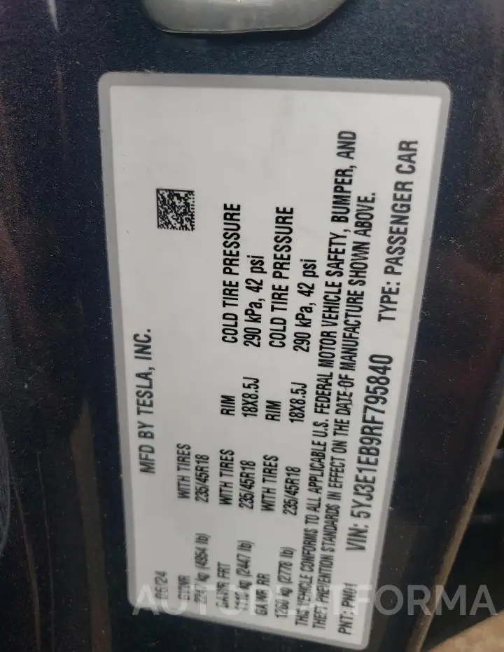 TESLA MODEL 3 2024 vin 5YJ3E1EB9RF795840 from auto auction Copart