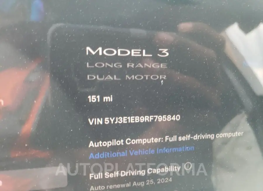 TESLA MODEL 3 2024 vin 5YJ3E1EB9RF795840 from auto auction Copart