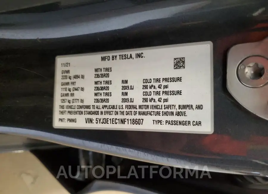 TESLA MODEL 3 2022 vin 5YJ3E1EC1NF118607 from auto auction Copart