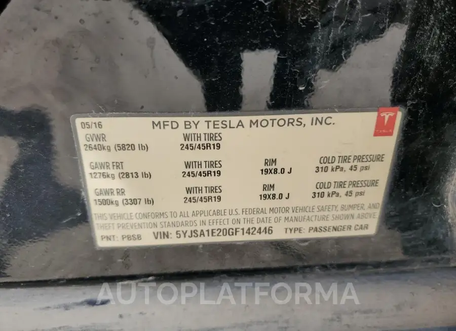 TESLA MODEL S 2016 vin 5YJSA1E20GF142446 from auto auction Copart