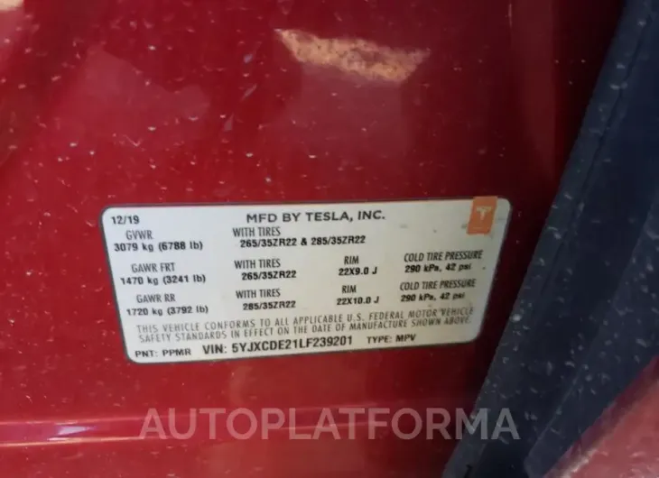 TESLA MODEL X 2020 vin 5YJXCDE21LF239201 from auto auction Copart