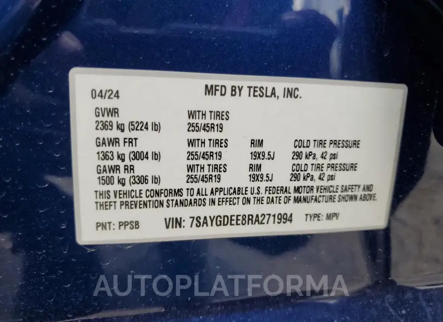 TESLA MODEL Y 2024 vin 7SAYGDEE8RA271994 from auto auction Copart