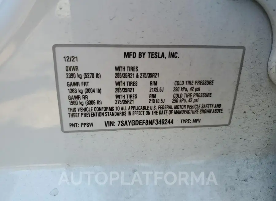 TESLA MODEL Y 2022 vin 7SAYGDEF8NF349244 from auto auction Copart