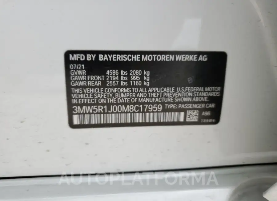 BMW 330I 2021 vin 3MW5R1J00M8C17959 from auto auction Copart