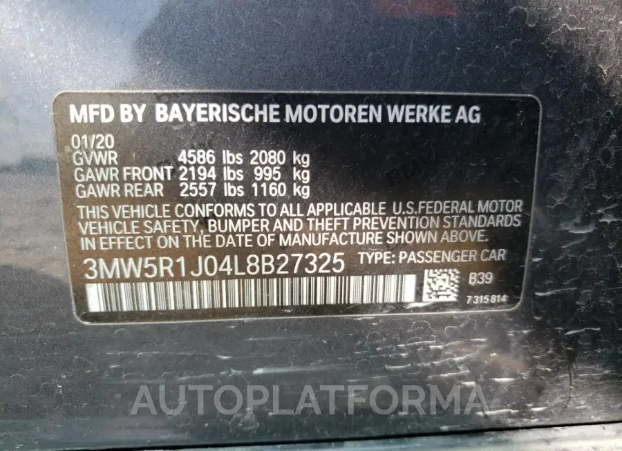 BMW 330I 2020 vin 3MW5R1J04L8B27325 from auto auction Copart