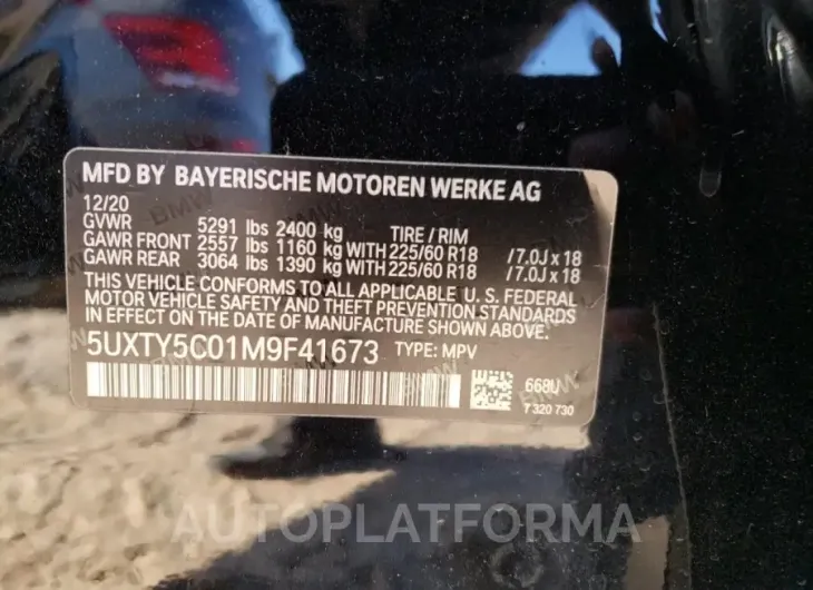 BMW X3 XDRIVE3 2021 vin 5UXTY5C01M9F41673 from auto auction Copart