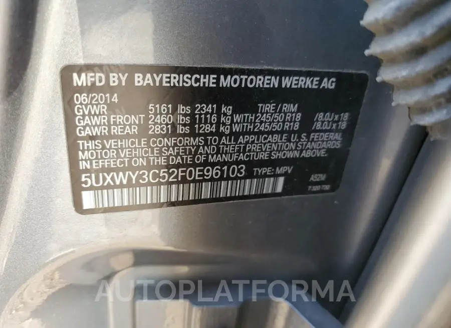 BMW X3 XDRIVE2 2015 vin 5UXWY3C52F0E96103 from auto auction Copart