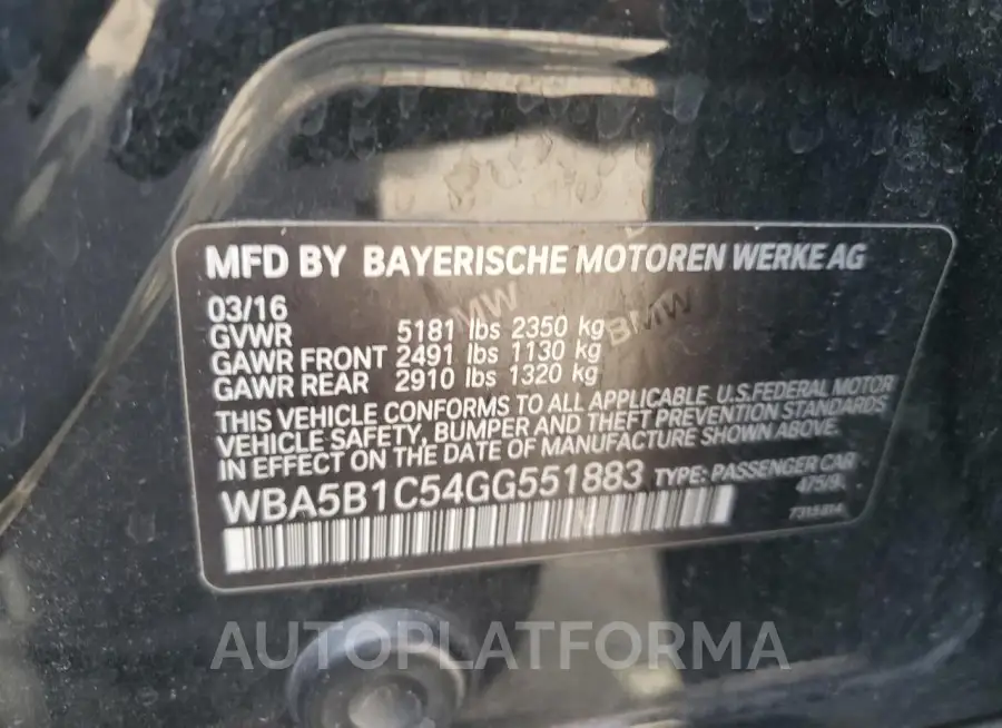 BMW 535 I 2016 vin WBA5B1C54GG551883 from auto auction Copart