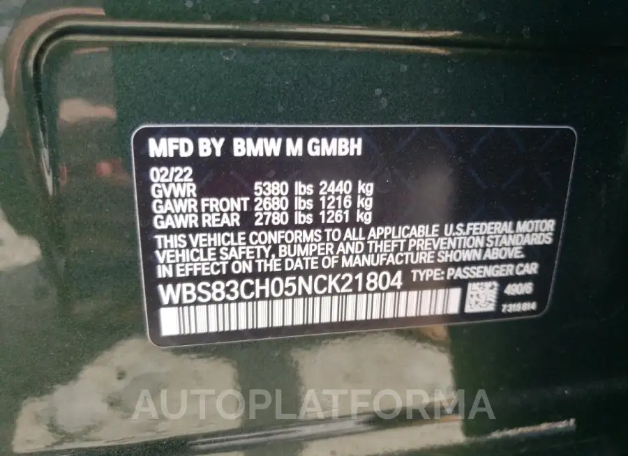 BMW M5 2022 vin WBS83CH05NCK21804 from auto auction Copart