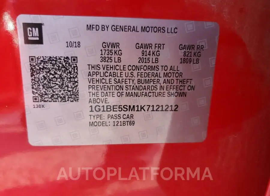 CHEVROLET CRUZE LT 2019 vin 1G1BE5SM1K7121212 from auto auction Copart