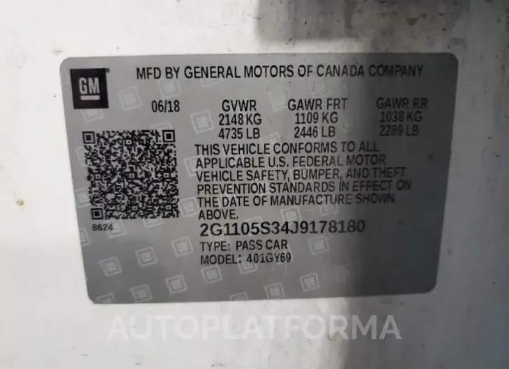 CHEVROLET IMPALA LT 2018 vin 2G1105S34J9178180 from auto auction Copart