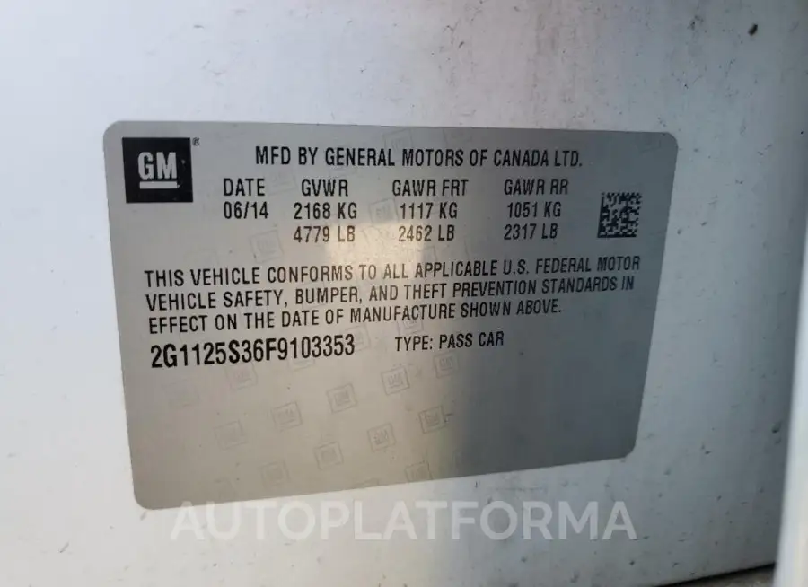 CHEVROLET IMPALA LT 2015 vin 2G1125S36F9103353 from auto auction Copart