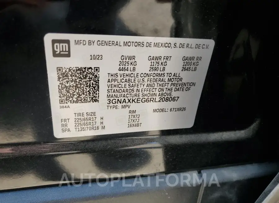 CHEVROLET EQUINOX LT 2024 vin 3GNAXKEG6RL208067 from auto auction Copart