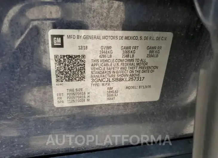 CHEVROLET TRAX 1LT 2019 vin 3GNCJLSB8KL257317 from auto auction Copart