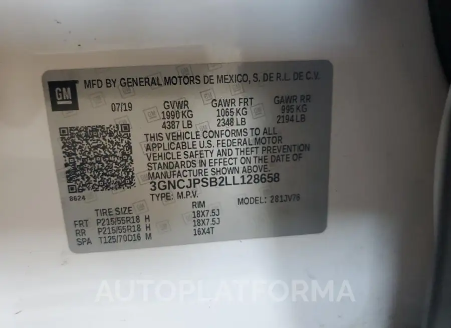 CHEVROLET TRAX 1LT 2020 vin 3GNCJPSB2LL128658 from auto auction Copart