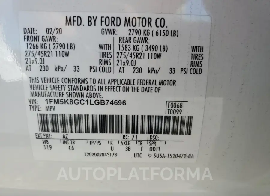 FORD EXPLORER S 2020 vin 1FM5K8GC1LGB74696 from auto auction Copart