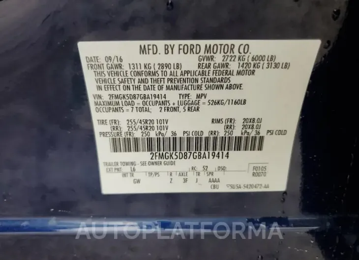 FORD FLEX LIMIT 2016 vin 2FMGK5D87GBA19414 from auto auction Copart