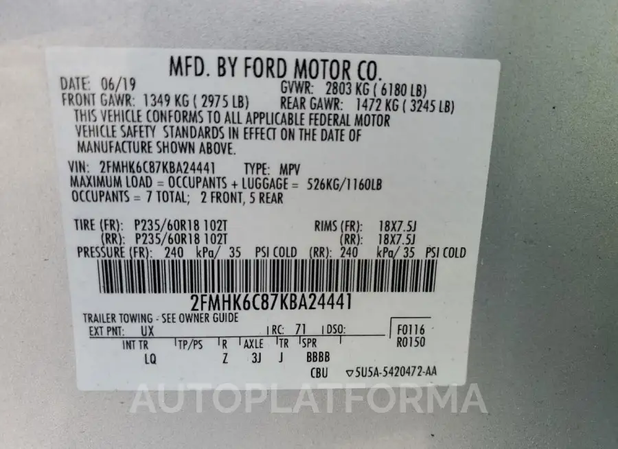 FORD FLEX SEL 2019 vin 2FMHK6C87KBA24441 from auto auction Copart