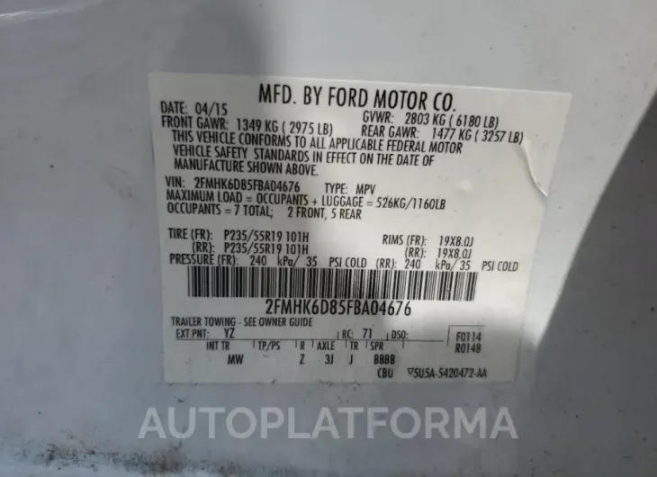 FORD FLEX LIMIT 2015 vin 2FMHK6D85FBA04676 from auto auction Copart