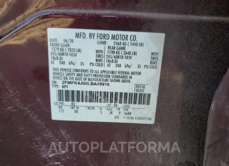 FORD EDGE SEL 2020 vin 2FMPK4J90LBA88916 from auto auction Copart